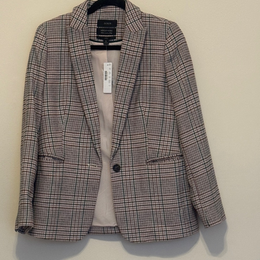 J. Crew Parke NWT Italian Wool Plaid Blazer in Black, Cream, and Pink- Women 6
